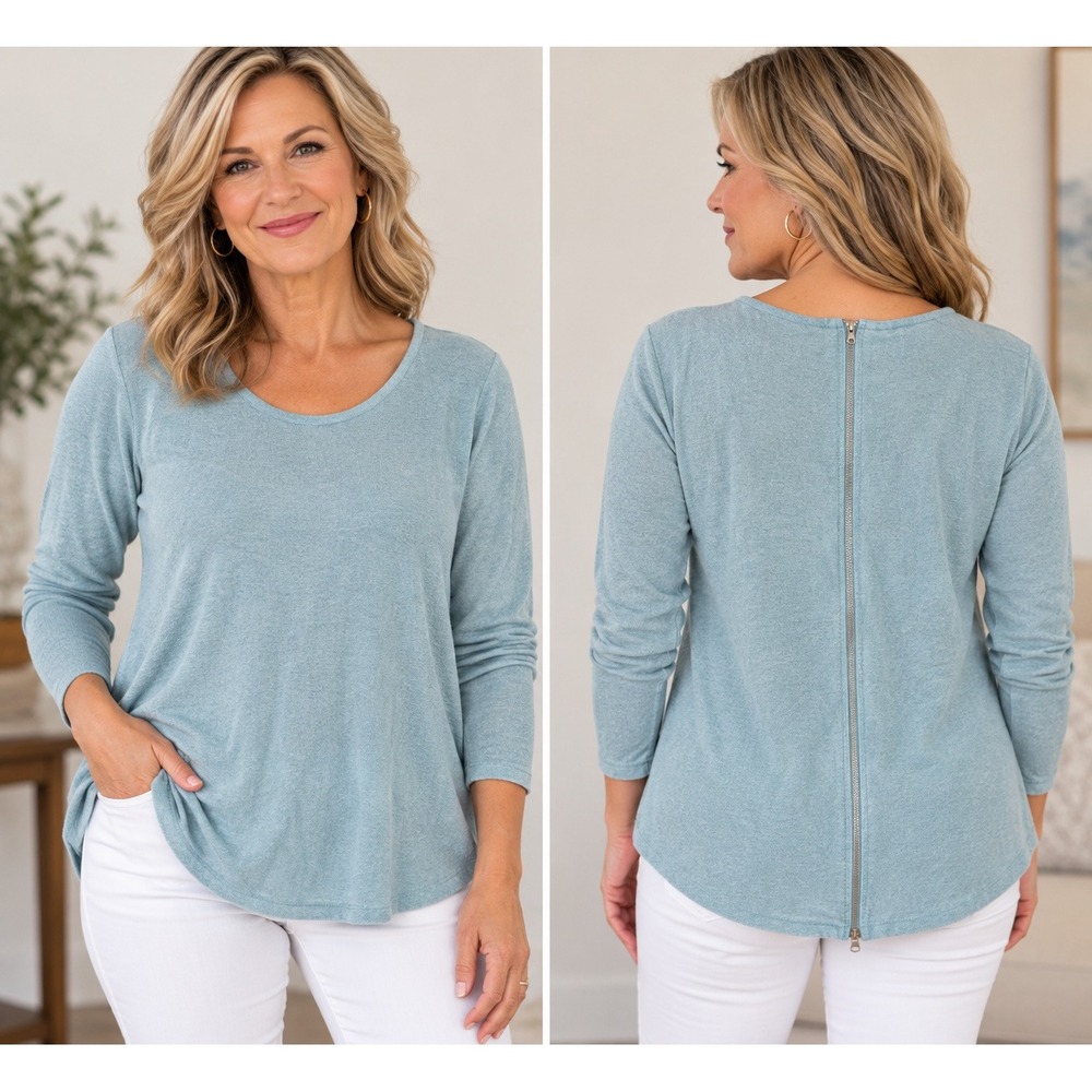Soft Surroundings Light Blue Back Zip Lace Trim Knit Top 2EA27 Medium